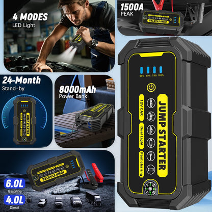 Portable Jump Starter 1500A Peak 12V, Car Battery Booster for 6.0L Petrol & 4.0L Diesel Engines with LCD Display, USB-C Quick Charge & 3-Mode LED Flashlight – Lithium Jump Pack for UK Drivers