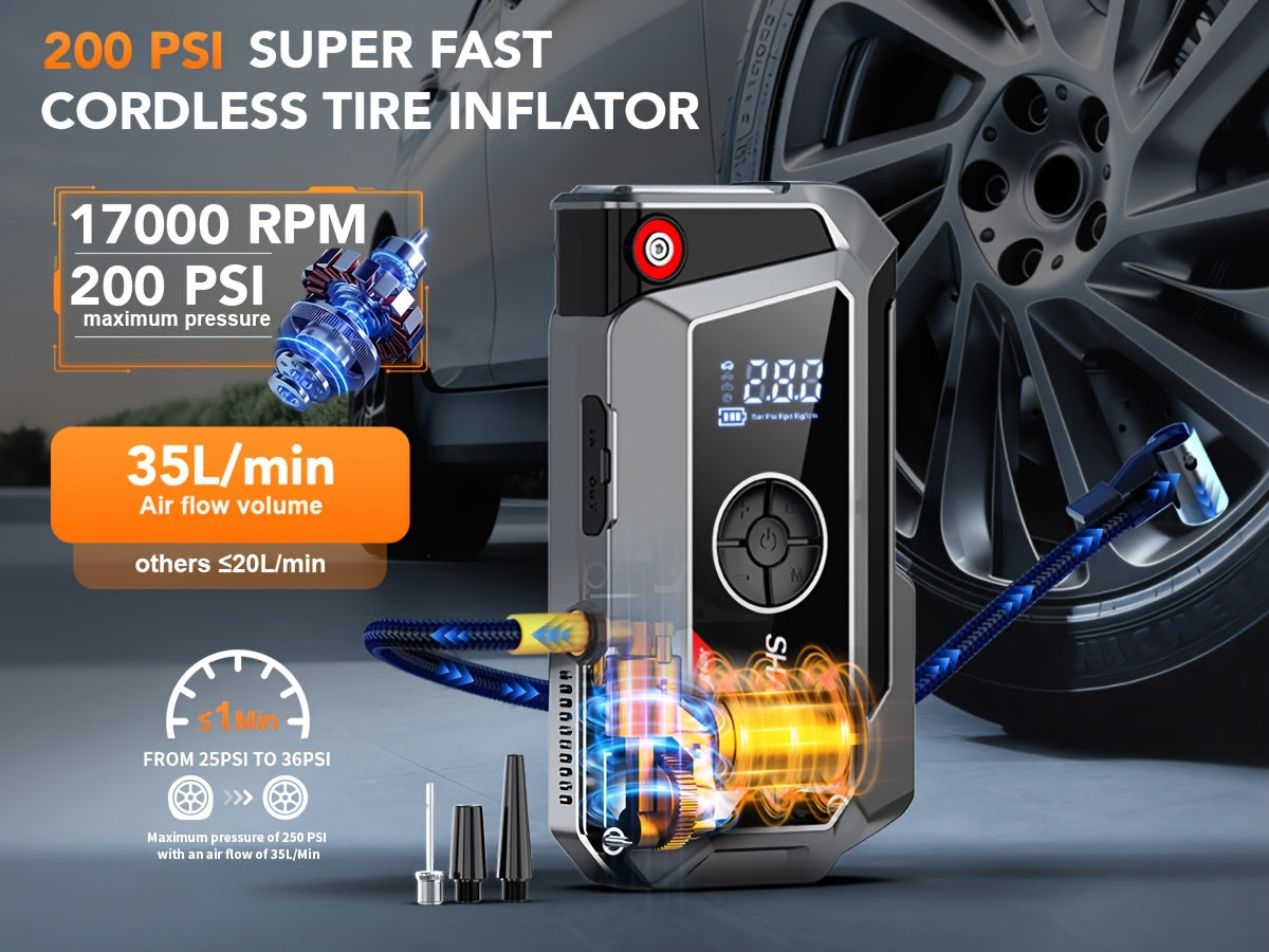 SHARMEAL 9000A/10000A Jump Starter with Air Compressor And Tire Inflator, 12V Power Bank, Battery Jump Pack, Jump Starter for Car Heavy Duty, 9-In-1 Multi-Function Power Pack for 10L Gas/All Diesel, Includes Nozzles And Additions