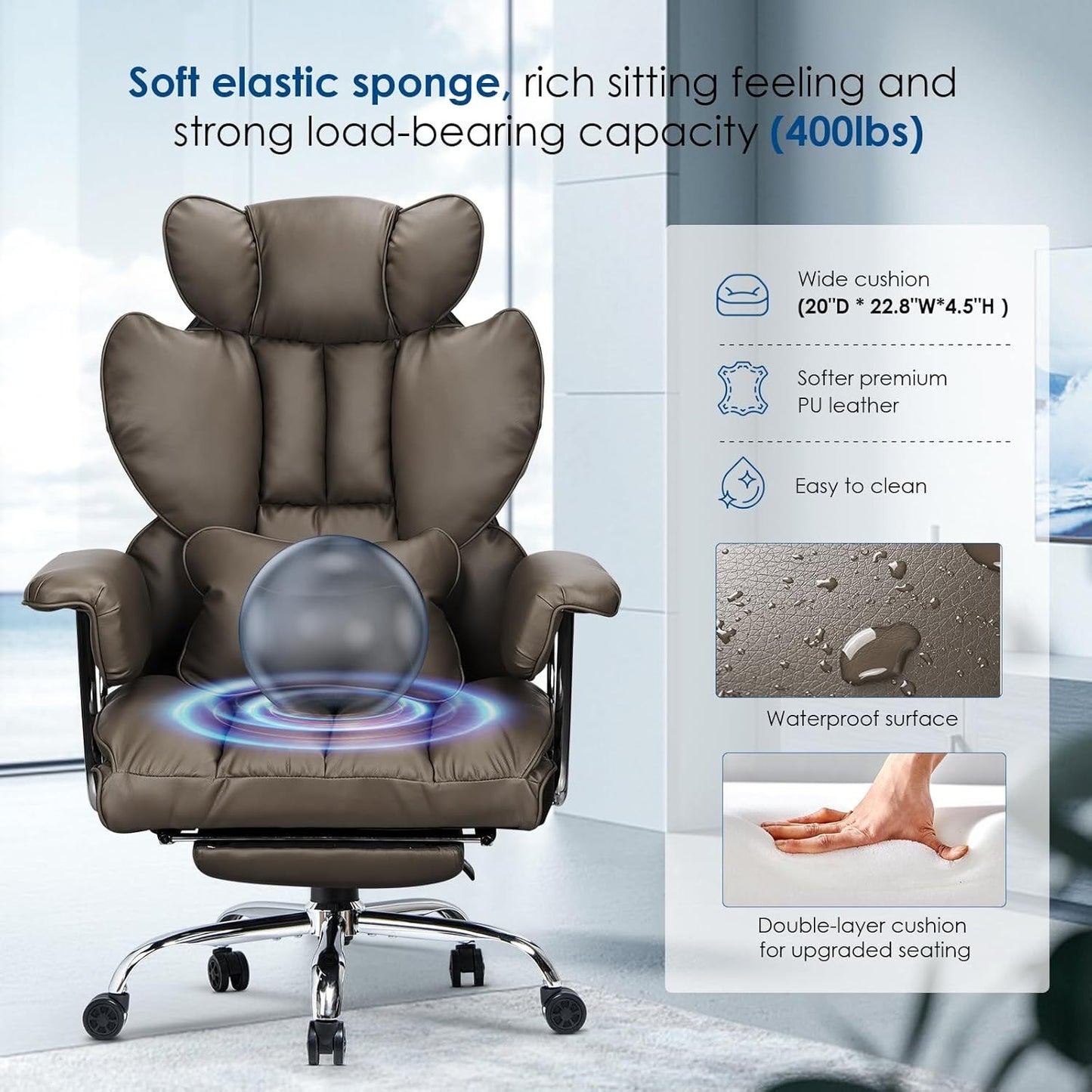GartistGo Executive Office Chair Desk Chair, PU Computer Recliner, Ergonomic Office Chair with Footrest, Heavy Duty Leather Office Chairs for Home Office, High Back Swivel Chair