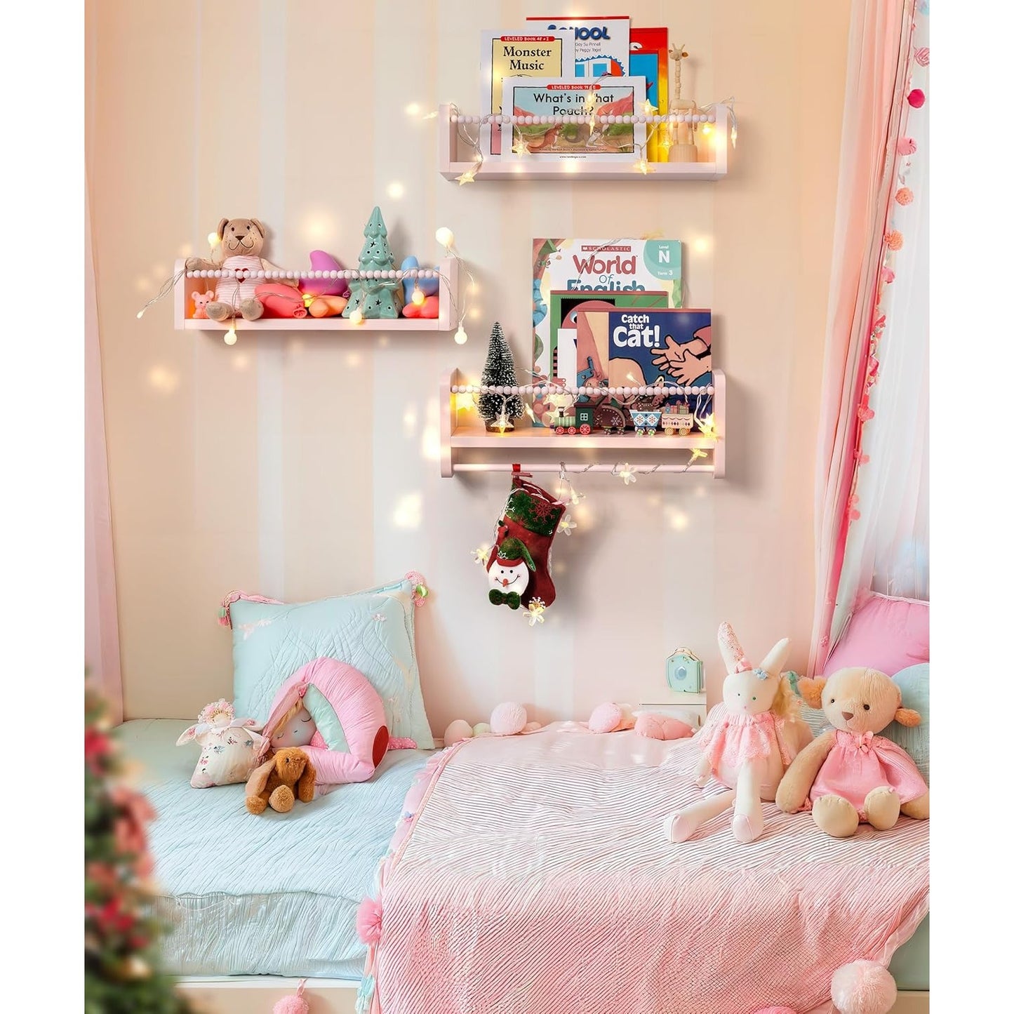 40cm Set of 3 Shelves Floating Book Shelf for Wall, Shelves for Bedroom Bookshelf Pink Room Decor, Solid Wood Small Organizer With Wooden Bead Design