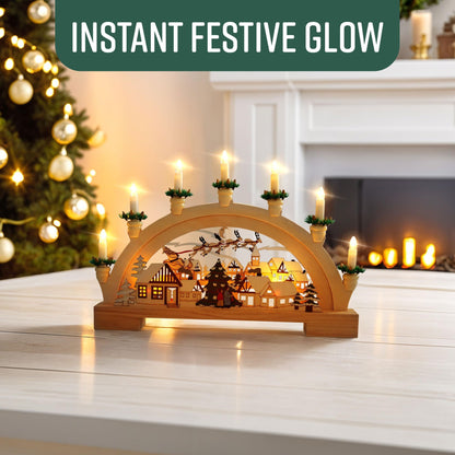 GloBrite Wooden Candle Bridge Decoration with 7 Warm White LED Candles - Indoor Christmas Window Decor, Battery Operated - 45cm x 32cm x 5cm, Multicolour