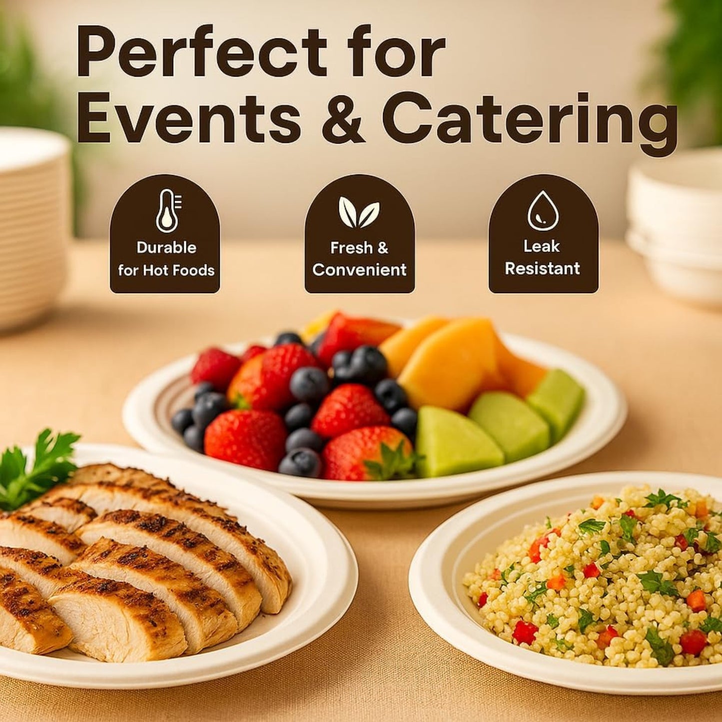 Strong Disposable Paper Plates 9" Bagasse Heavy-Duty Disposable Plates for PartiesMicrowave-Safe Party Plates,Dinner Plates for Hot & Cold Food Restaurants Takeaway Dessert Snack Tableware