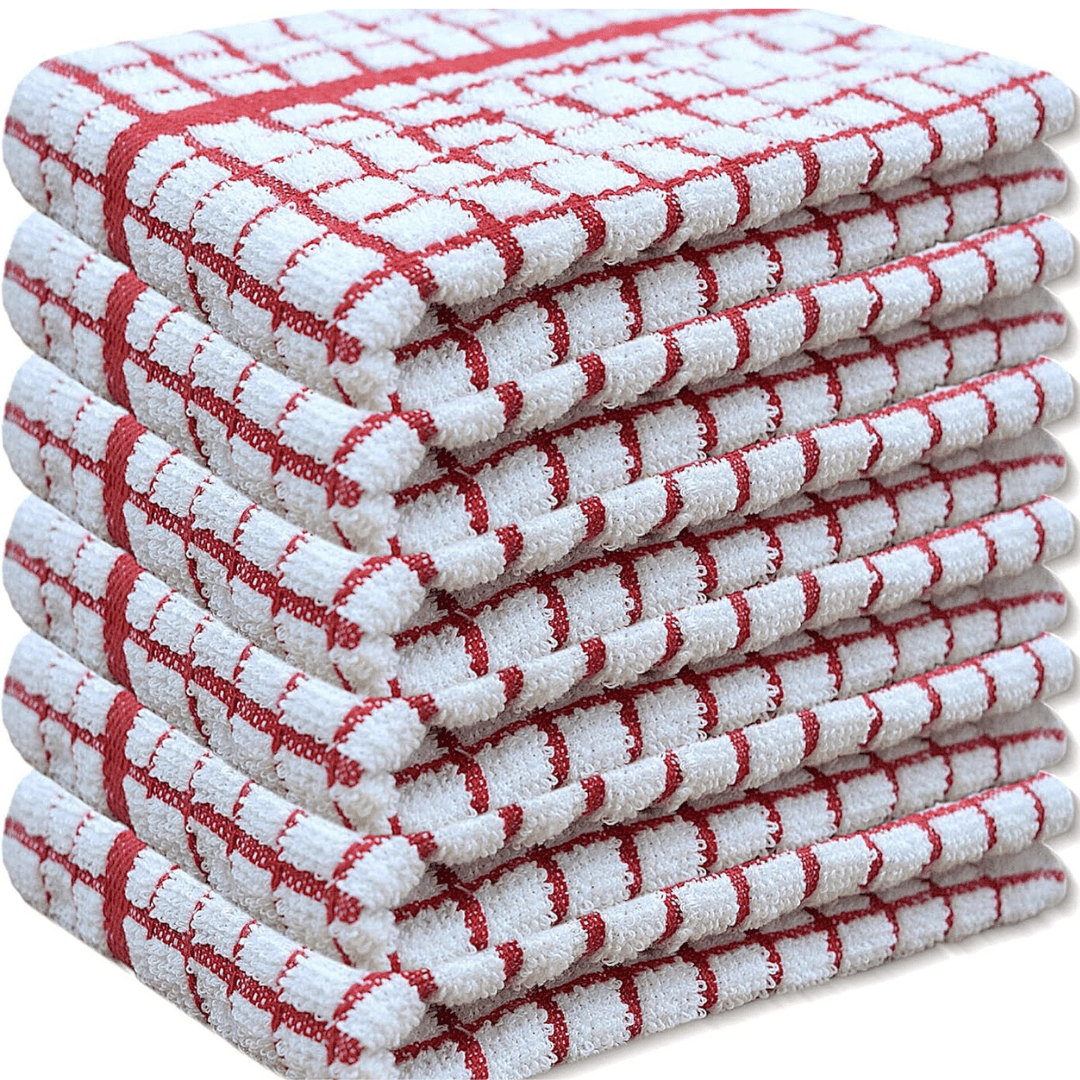 Pack of 6 Large Tea Towels 40x60cm – 100% Cotton Luxury Check Soft Kitchen Towels – Highly Absorbent Dish Cloths – Durable Washable Tea Towels for Drying Dishes, Cleaning, Cooking, Household, Restaurant, Bar, Café, Catering, Commercial & Professional Kitc