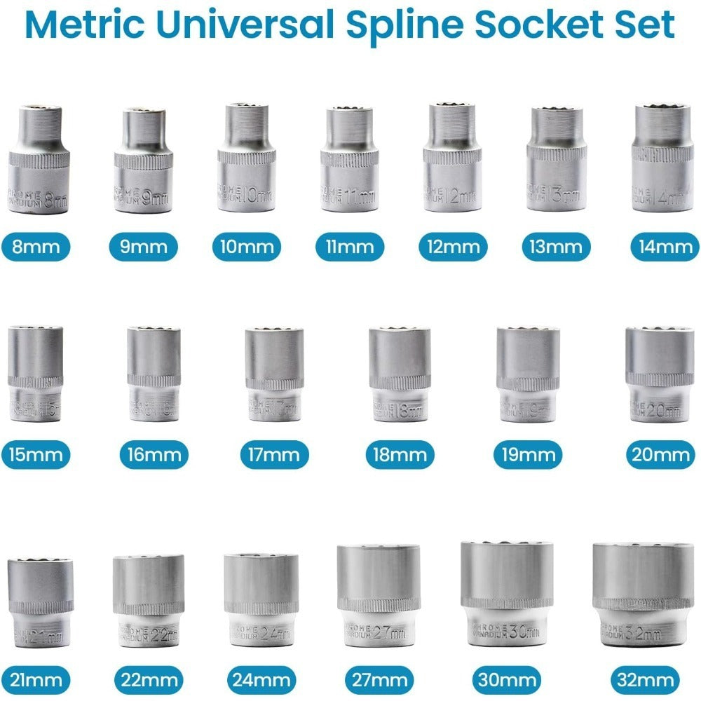 Spline Socket Set 19-Piece 1/2" Drive Metric 8-32mm Chrome Vanadium 12-Point CrV Socket Kit for Automotive & Mechanical Repair – Non-Slip Universal Wrench Set