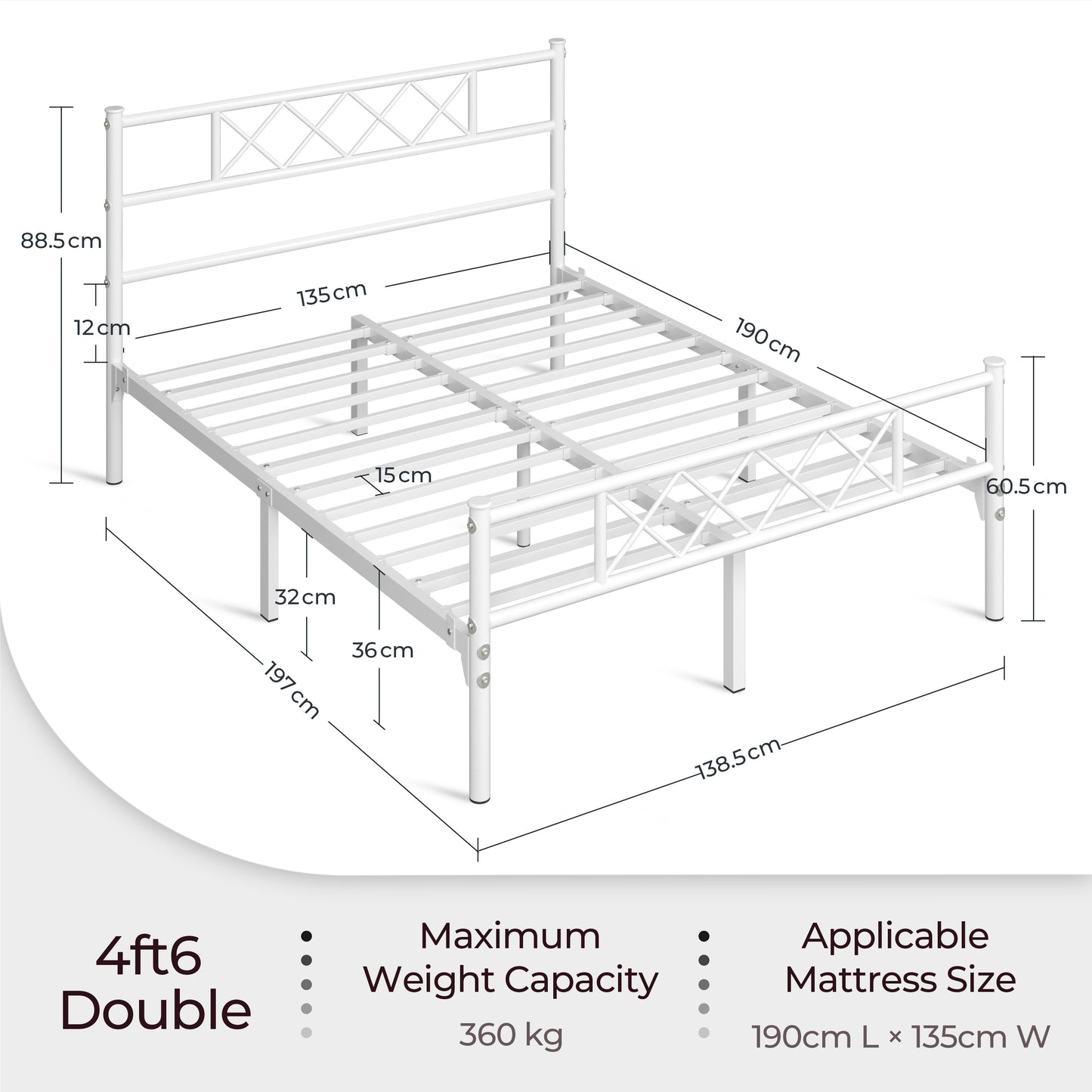 Costoffs Metal Bed Frame Metal-Framed Bed Base with Storage, Bed Foundation for Small Space, Easy Assembly Bed Foundation with Cross-design Headboard and Footboard for Bedrooms, Single/Double/king, Black/White/Pink