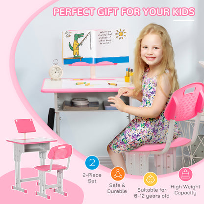Kids Desk and Chair Set Adjustable Height Study Table Set w/Drawer, Book Stand, Pen Slot