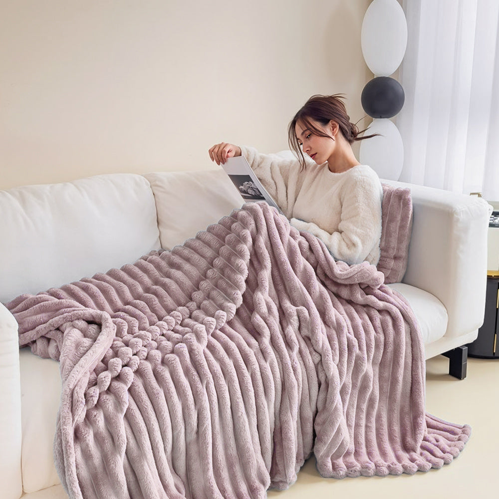 1pc Large Strips Ribbed Throw Blankets | Luxurious 270g Flannel Fleece Blanket | Warm Cozy Blanket Throws For Sofas, Bed, Chair, Couch, Settee | Super Soft Warm Blanket Single Double King Super King Size, Machine Washable, Easy Care, Perfect for Home, Tra