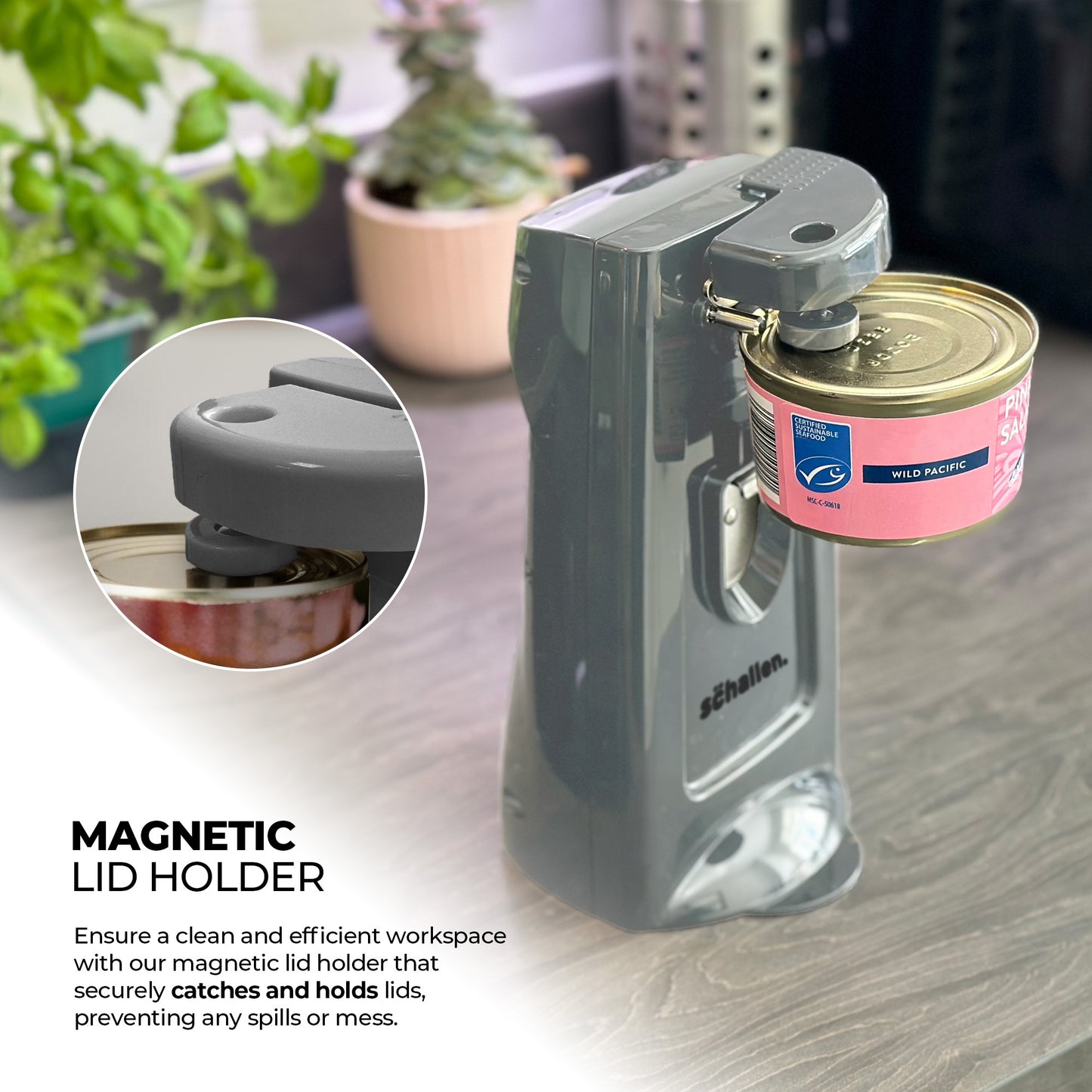 Schallen Electric Can Opener Automatic 3-in-1 Kitchen Appliance with Hands-Free Can Opening, Built-In Bottle Opener & Knife Sharpener | Electric Tin Opener for Easy Opening Cans, Jars, and Bottles | Hidden Power Cord Storage | Stainless Steel Durable Kitc