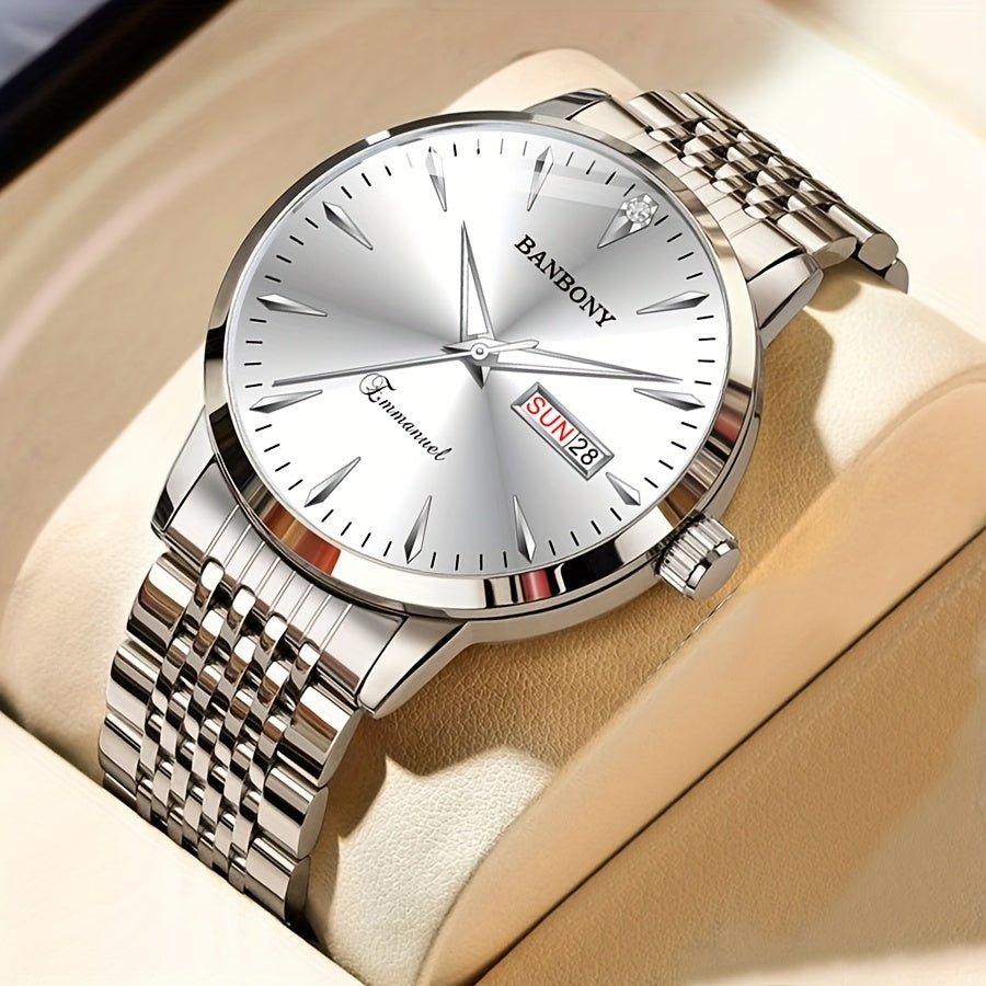 New Banbony Unisex Stainless Steel Quartz Watch with Rhinestone Accents, Water-Resistant IPX7, Sleek HD Dial, Date Display, Golden-Tone Finish - Ideal for Casual Wear, Parties, and Gifts