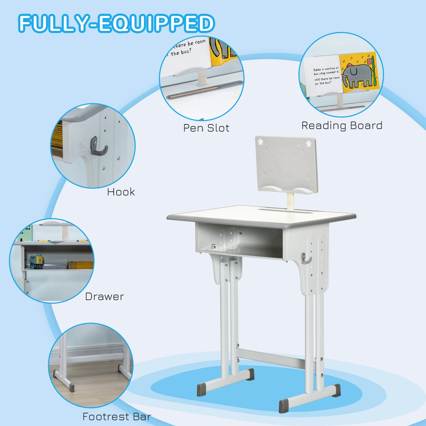 Kids Desk and Chair Set Adjustable Height Study Table Set w/Drawer, Book Stand, Pen Slot
