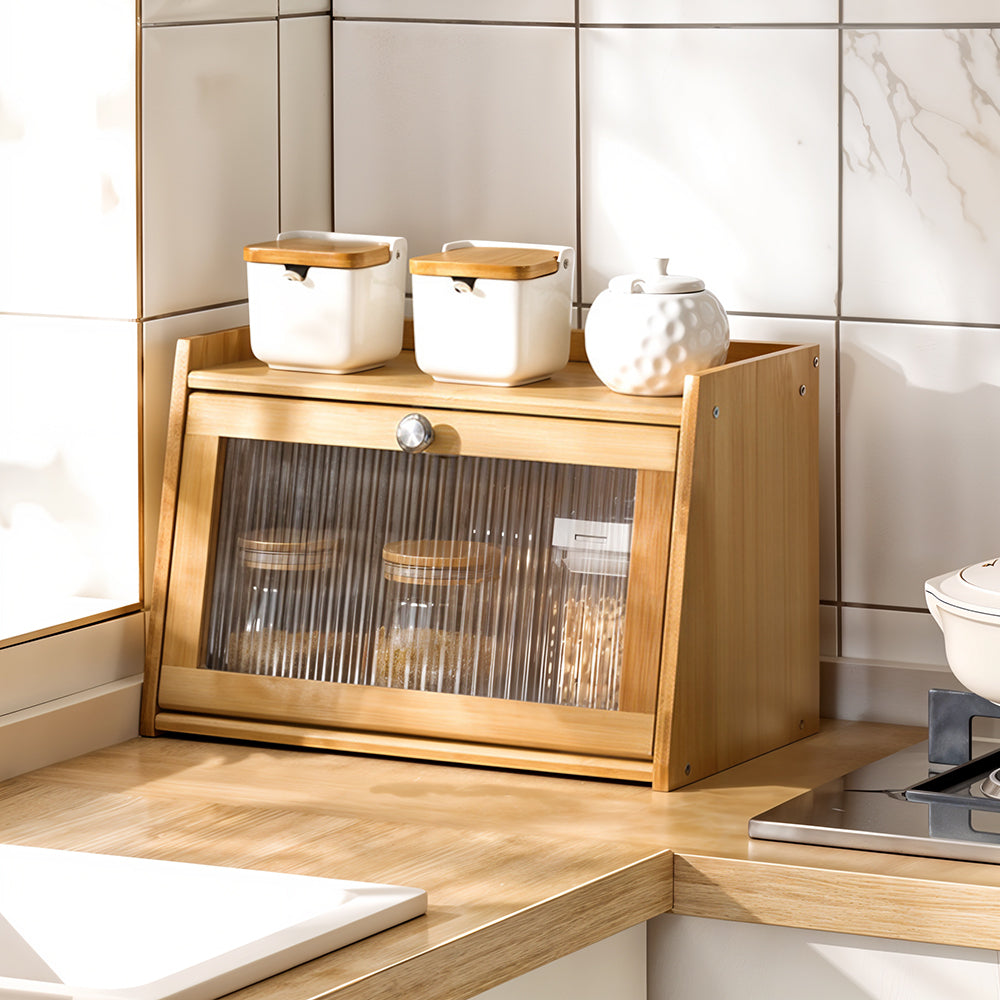 1pc 2-Tier/3-Tier Kitchen Spice Rack, Countertop Storage Shelf, Multi-Functional Organizer with Transparent Door, High Quality Bamboo Material, Natural/Brown