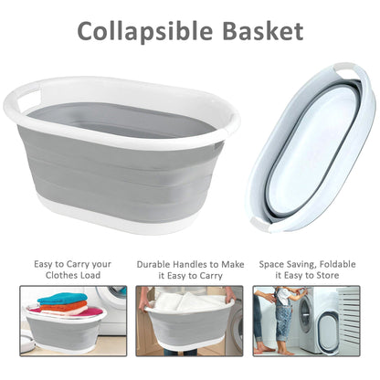 Foldable Laundry Basket Plastic - Small Collapsible Washing Baskets for Clothes - Portable and Ideal for Space Saving Storage Oval Shape - Grey