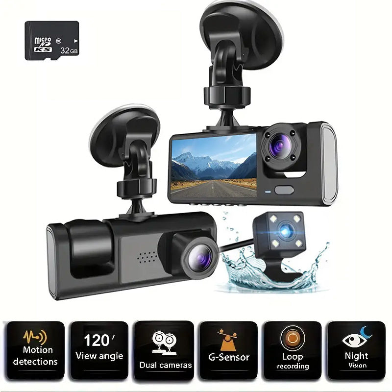 Dash Cam Recorder 1080P 3 Lens Dash Cam for Cars - Front, Inside & Rear View with IR Night Vision, Loop Recording, Wide Angle Lens, and 5.08 Cm IPS Display, Universal Fit, Car Plug, Smartphone Compatible