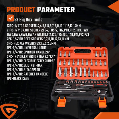 53pcs 1/ 4" Drive Ratchet Socket Wrench Set, with Carbide Screwdriver Bits - 1/ 4" Drive Ratchet with Flat, Hex, & Torx Heads, Extension Rod - Durable Tool Kit for Car Maintenance & Household Tasks