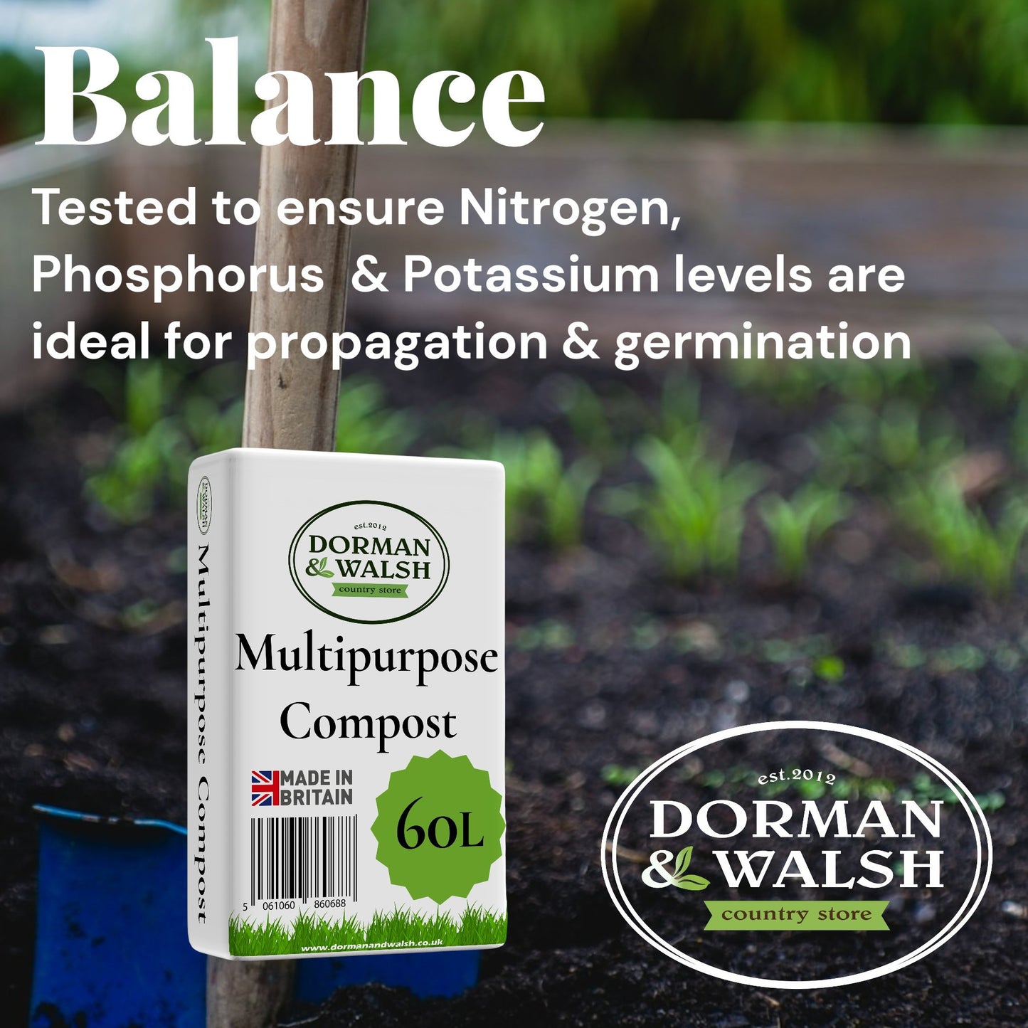 Dorman & Walsh Multi-Purpose 50L Compost Bag, Nutrient Rich Compost for Potting & Seeds, Growing Garden, Houseplants, Flower beds and Vegetables