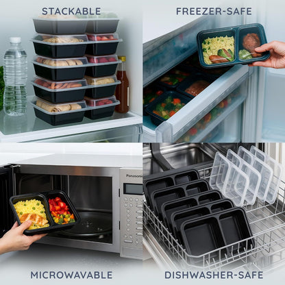 10/20pcs Meal Prep Containers with Lids, Reusable Food Storage Boxes, 1 & 2 Compartment Lunch Boxes, Stackable Plastic Takeaway Containers, Microwave Freezer Dishwasher Safe, Bento Lunch Box Set