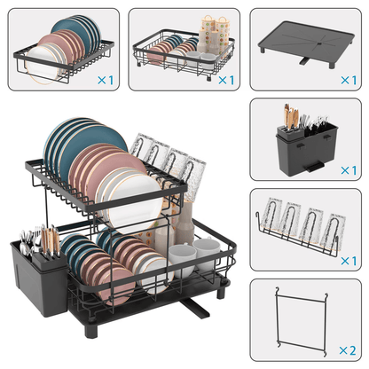 2 Tier Dish Drainer Rack Black Kitchen Counter Dish Storage Rack with Drip Tray Utensil Holder