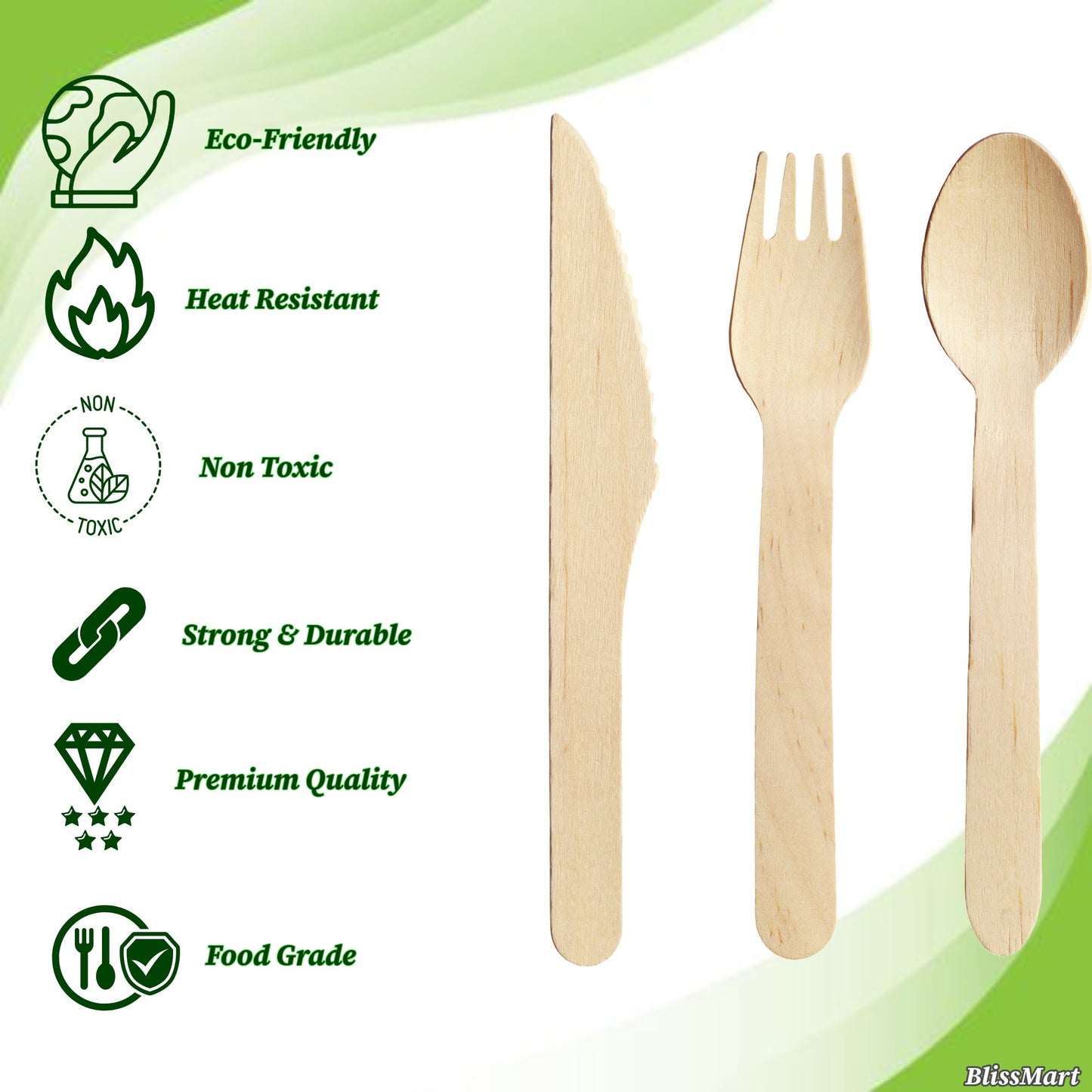 Blissmart Wooden Disposable Cutlery Set of 300 – 100 Forks, 100 Spoons & 100 Knives Dessert Disposable Wooden Utensils for BBQ Party Camping Banquet Wedding Picnic