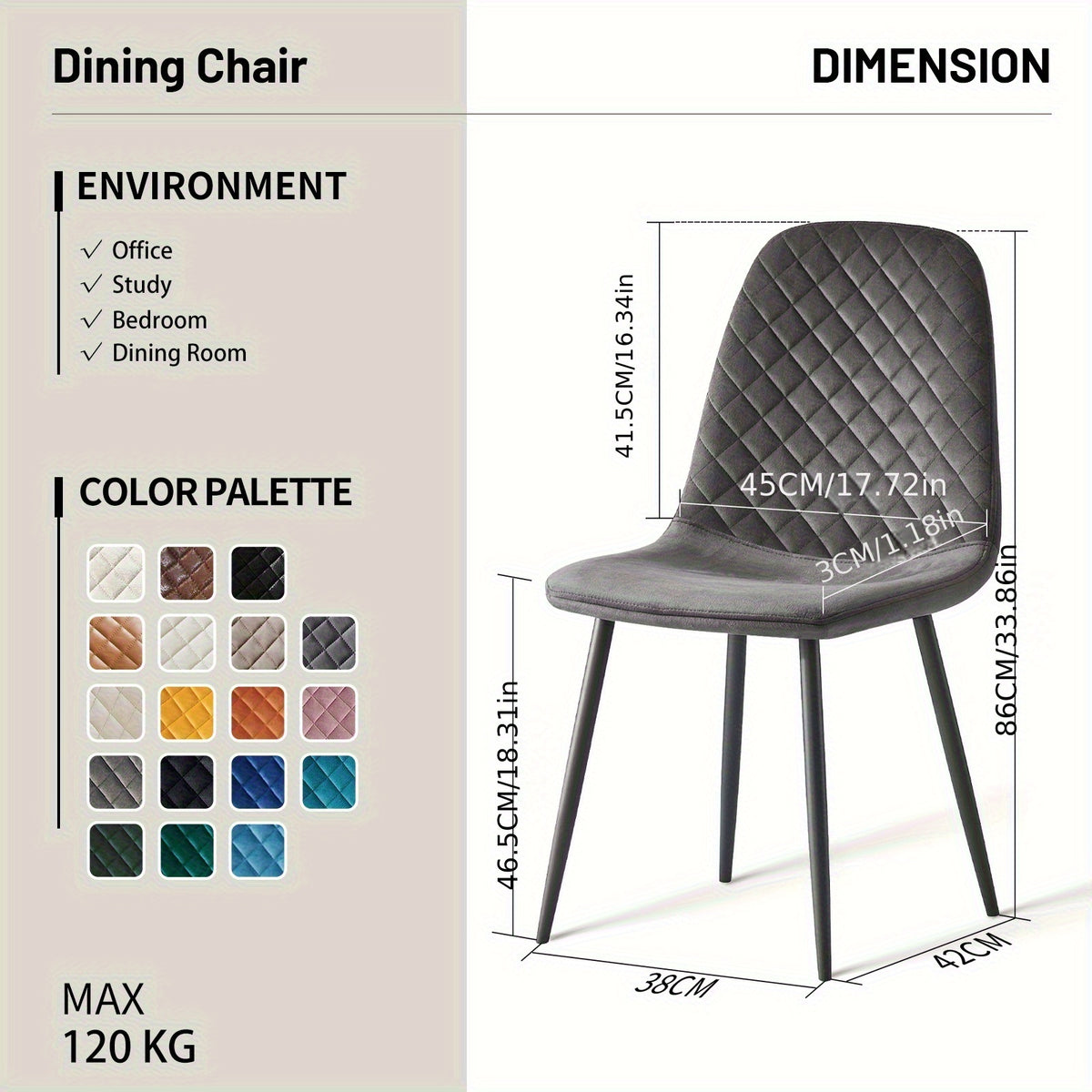 Dining Chair with 120kg, Metal, Velvet Chairs of or Upholstered Fabric - product gallery image 3