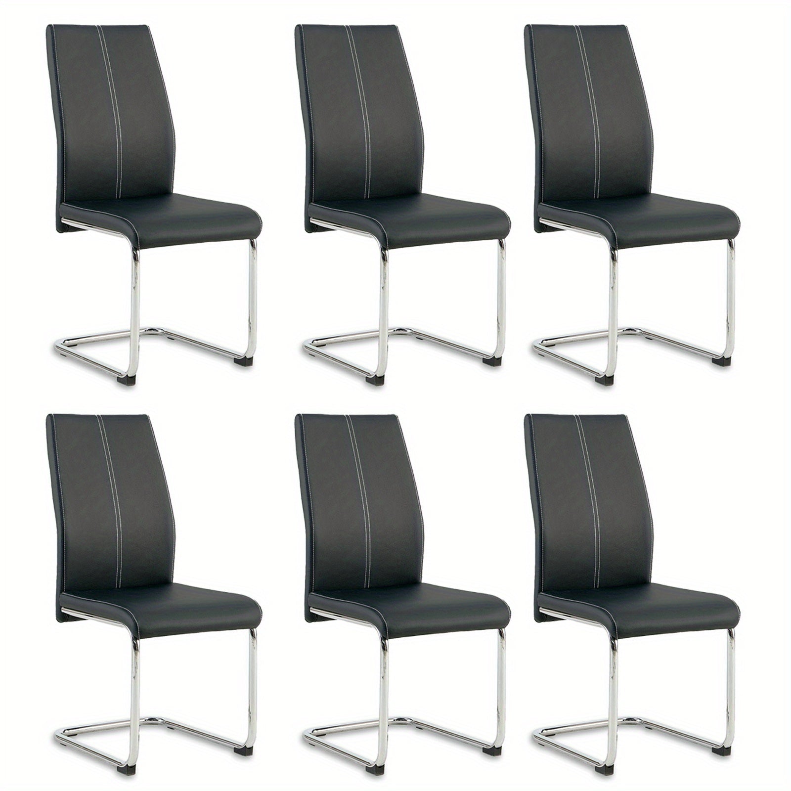 Dining Chair with Metal, Modern Cantilever Faux Leather Upholstered - Black, 6pcs option