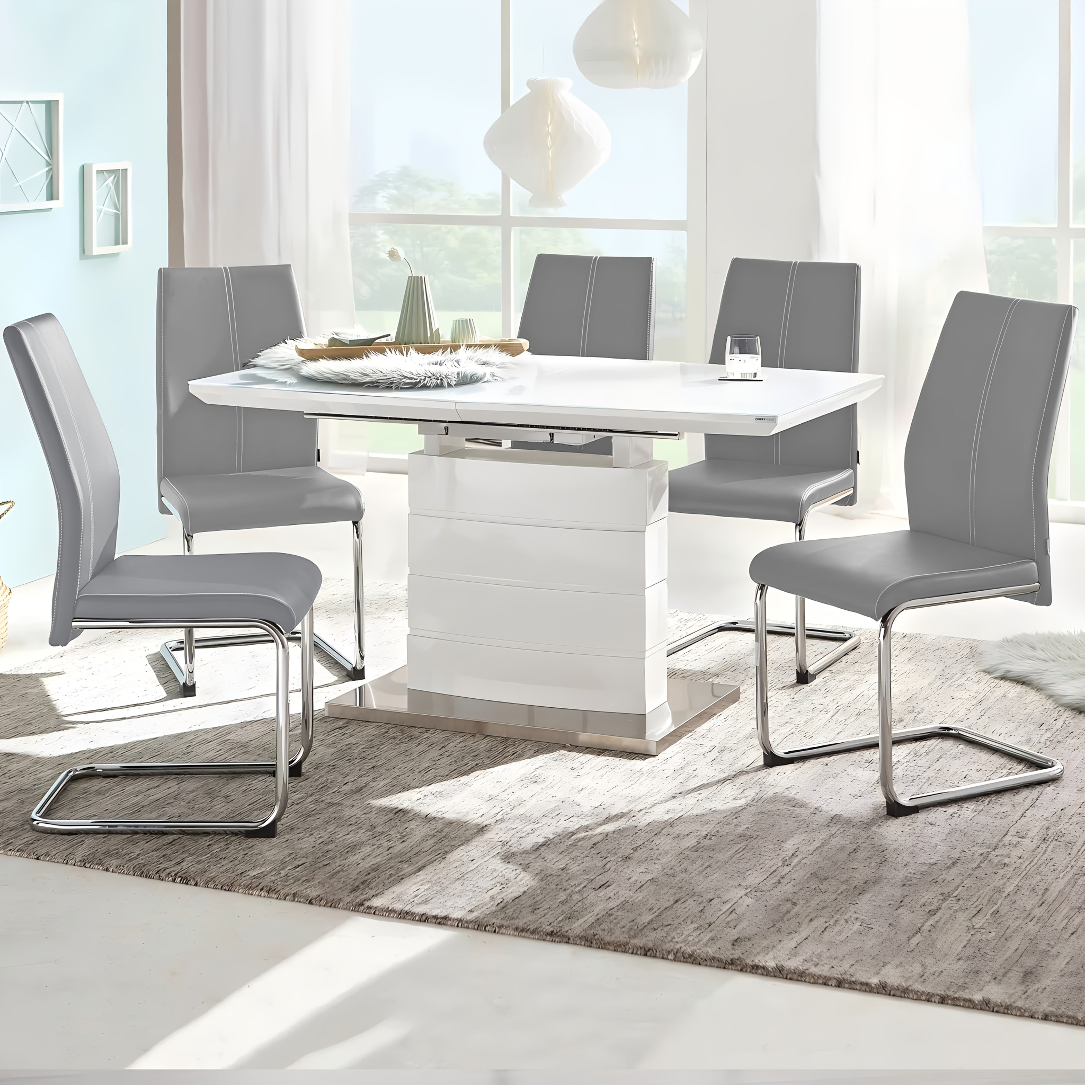 Dining Chair with Metal, Modern Cantilever Faux Leather Upholstered