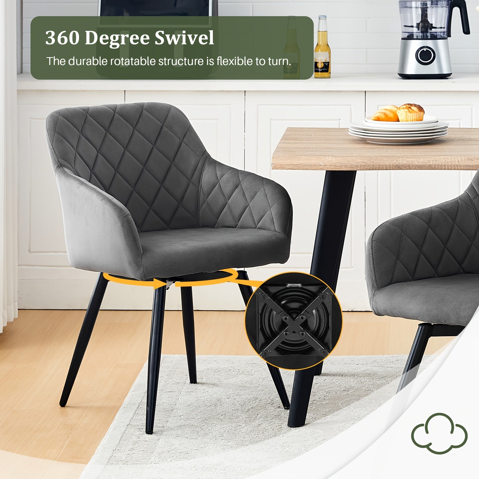 Dining Chair with Non-Slip, Wheels, Metal, Swivel Chairs of Velvet Upholstered Rotating - product gallery image 6