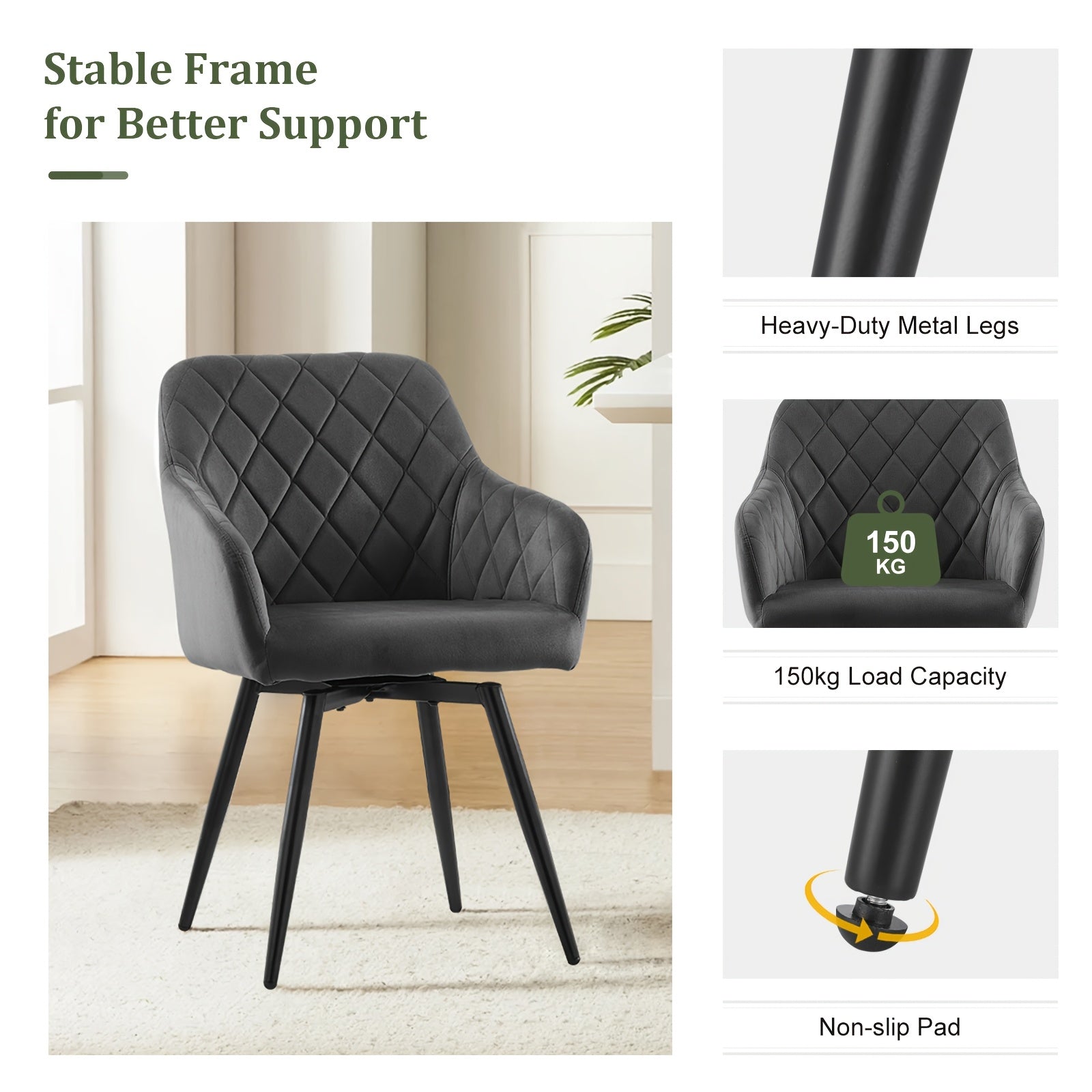 Dining Chair with Non-Slip, Wheels, Metal, Swivel Chairs of Velvet Upholstered Rotating - product gallery image 9