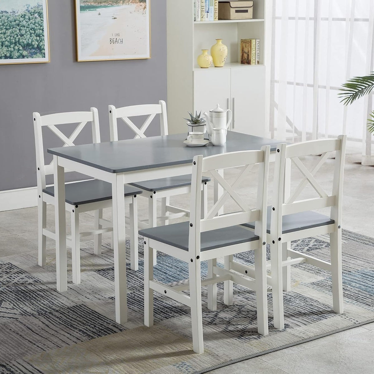 Dining Table Set with Easy Assembly, Wood, 4 Chairs