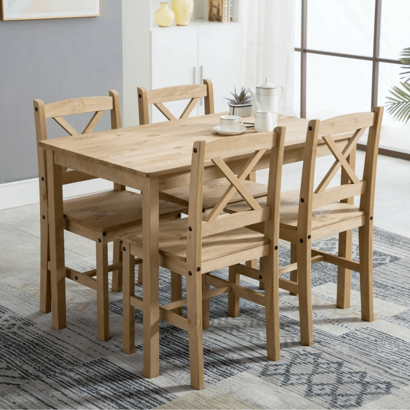 Dining Table Set with Easy Assembly, Wood, 4 Chairs - Natural option