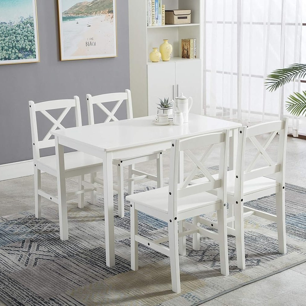 Dining Table Set with Easy Assembly, Wood, 4 Chairs - White option