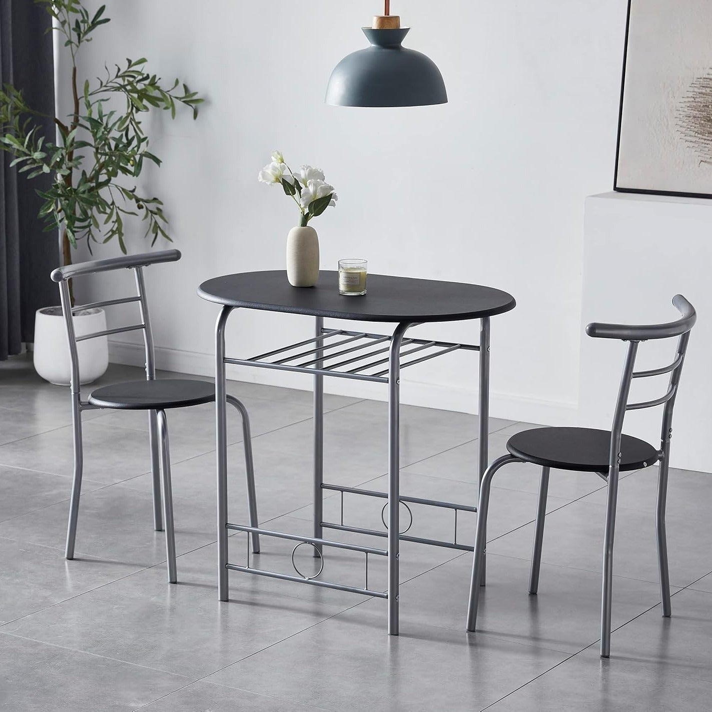 Dining Table Set with Metal, 2 Chairs, 3 Piece, Chairs Piece Metal Frame Wood Effect - Black option