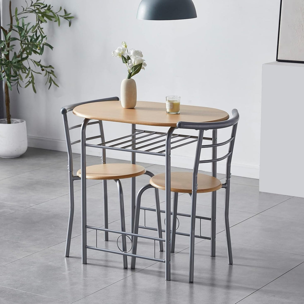 Dining Table Set with Metal, 2 Chairs, 3 Piece, Chairs Piece Metal Frame Wood Effect