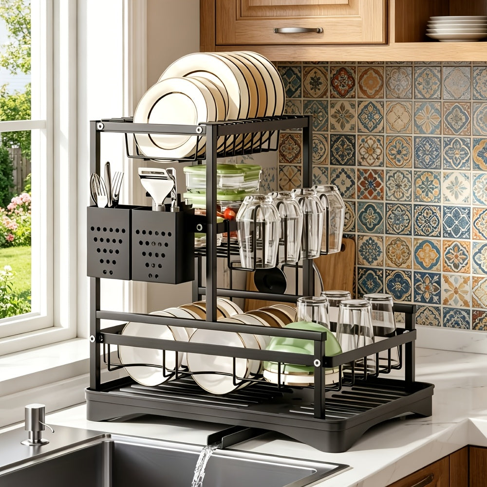 Dish Drying Rack with Carbon Steel, Black 3-Tier Drainer Auto-Drain Drainboard - product gallery image 3