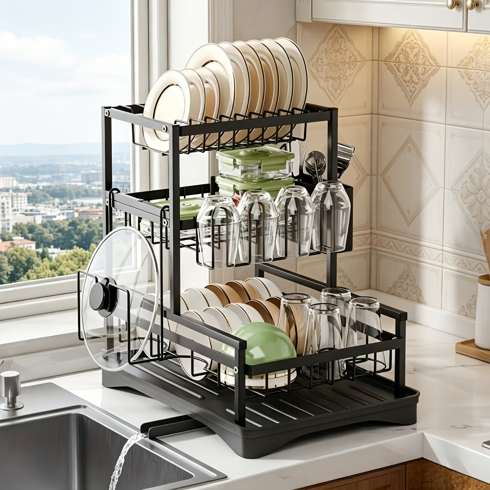 Dish Drying Rack with Carbon Steel, Black 3-Tier Drainer Auto-Drain Drainboard