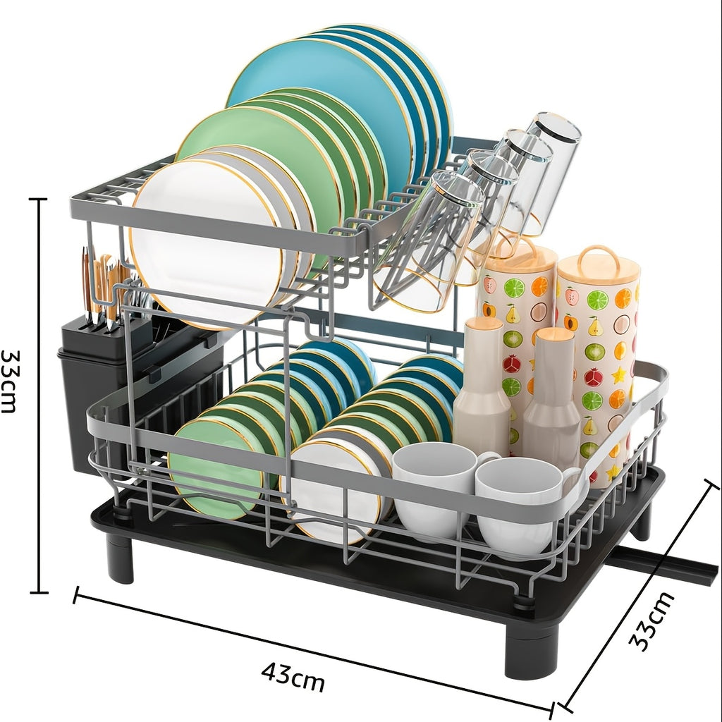 Dish Drying Rack with Easy Assembly, Metal, Double Layer Drainage Plate, Cup Holder - product gallery image 3