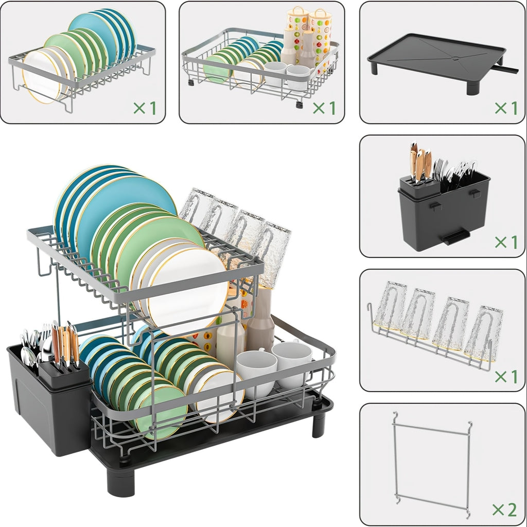 Dish Drying Rack with Easy Assembly, Metal, Double Layer Drainage Plate, Cup Holder - product gallery image 4