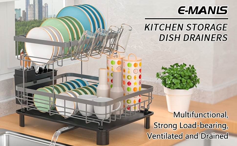 Dish Drying Rack with Easy Assembly, Metal, Double Layer Drainage Plate, Cup Holder - product gallery image 6