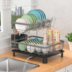 Dish Drying Rack with Easy Assembly, Metal, Double Layer Drainage Plate, Cup Holder
