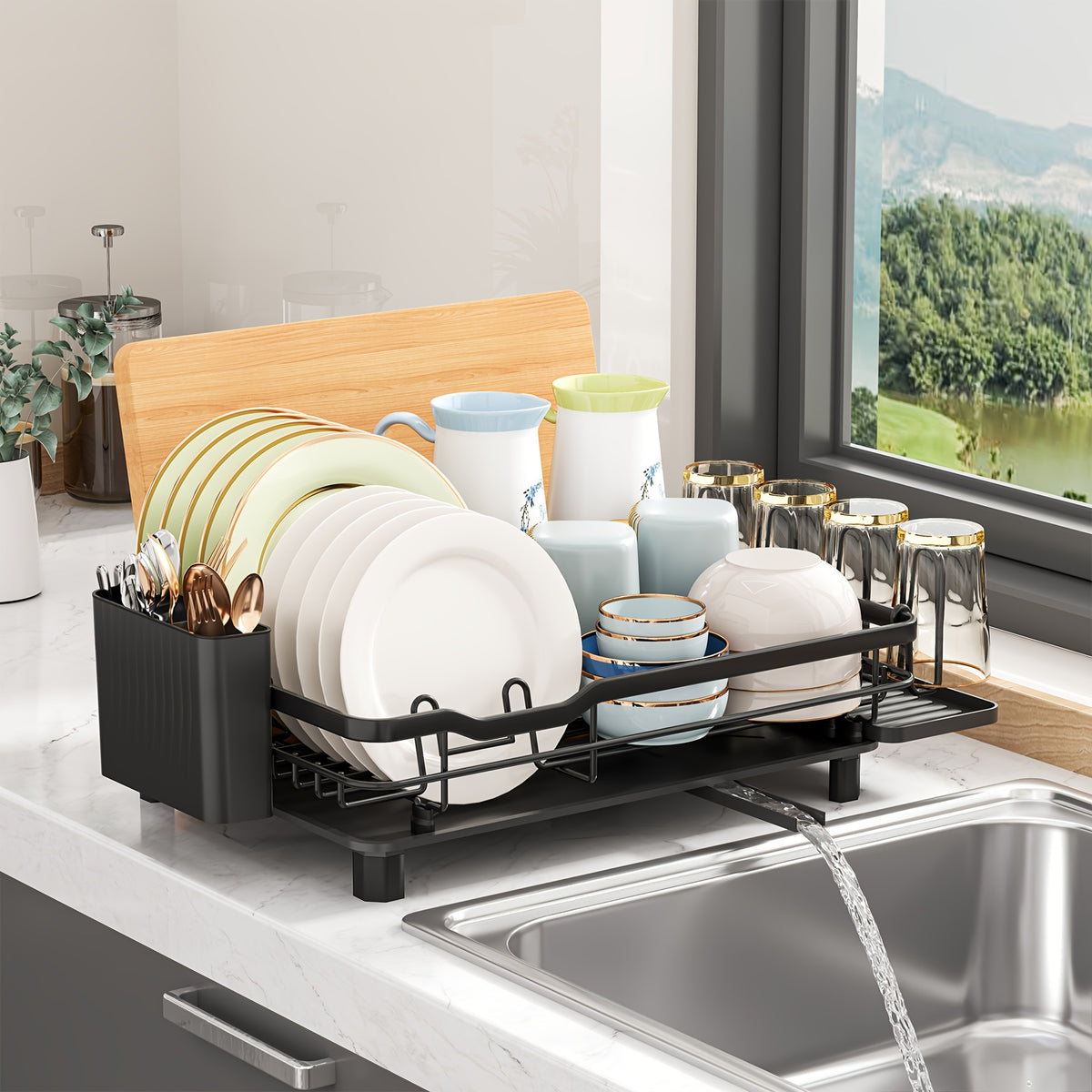 Dish Drying Rack with Space-Saving, Drainboard Utensil Holder Black Kitchen - product gallery image 2