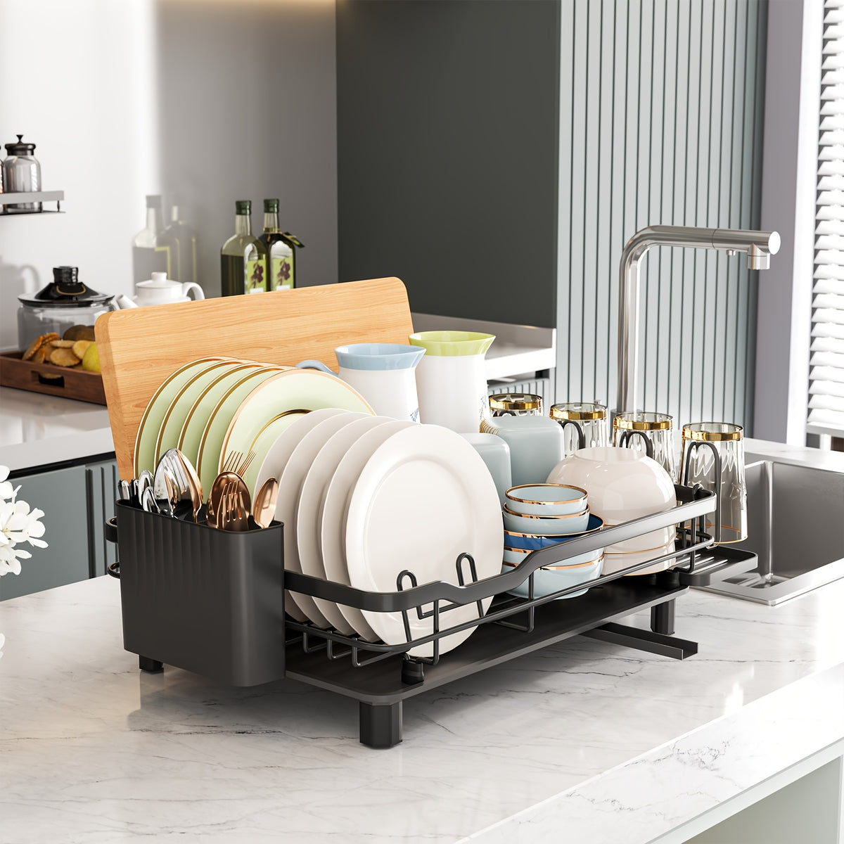 Dish Drying Rack with Space-Saving, Drainboard Utensil Holder Black Kitchen - product gallery image 3