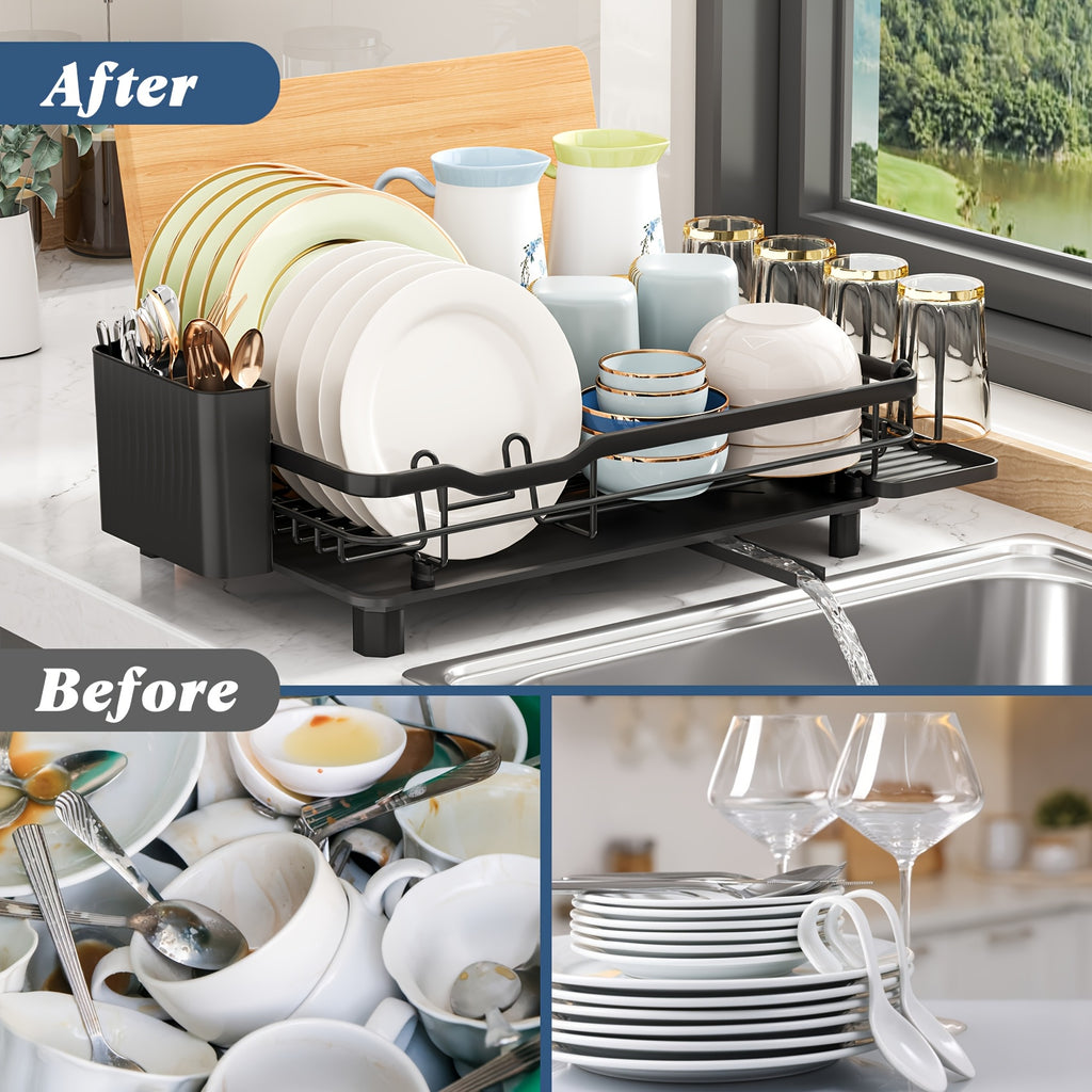 Dish Drying Rack with Space-Saving, Drainboard Utensil Holder Black Kitchen - product gallery image 5