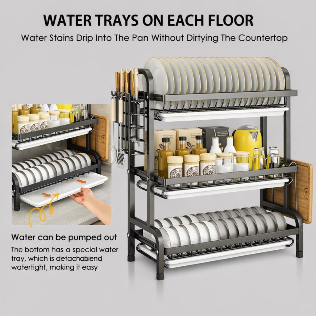 Dish Drying Rack with Space-Saving, Metal, 3 Tier Drip Tray Large Capacity Kitchen - product gallery image 5