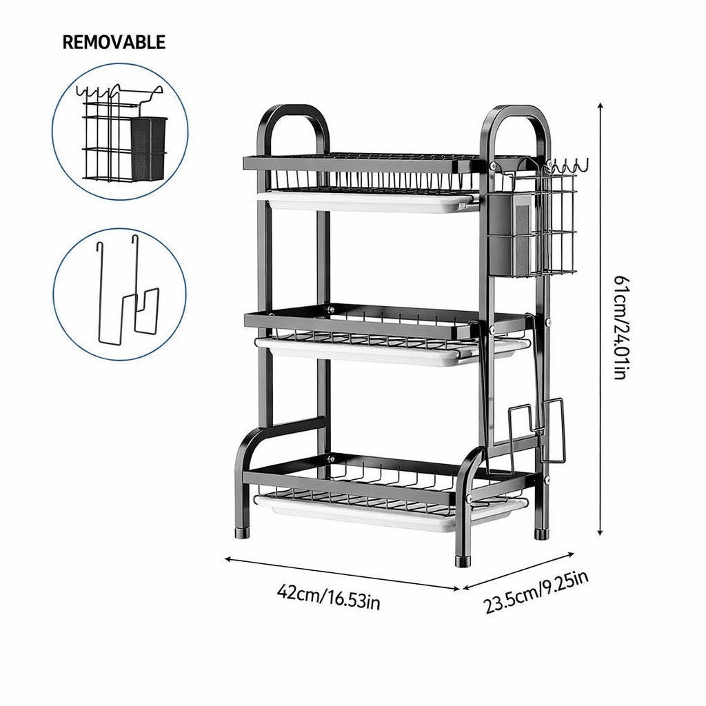 Dish Drying Rack with Space-Saving, Metal, 3 Tier Drip Tray Large Capacity Kitchen - product gallery image 6