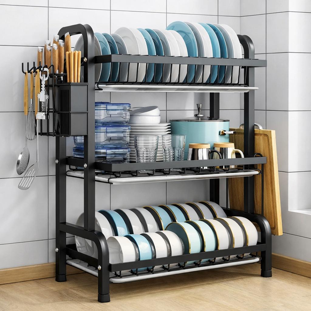 Dish Drying Rack with Space-Saving, Metal, 3 Tier Drip Tray Large Capacity Kitchen