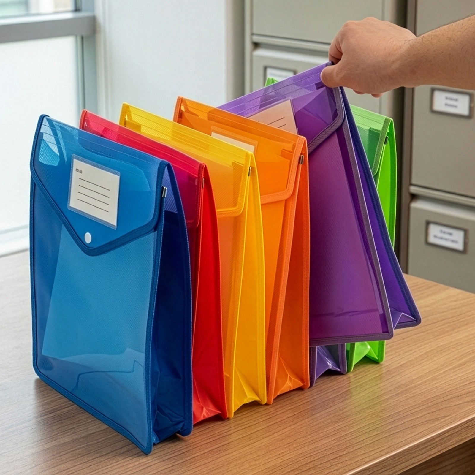 Document Folder with Plastic, 9 Pack, Colourful Snap-Lock Folders A4 ID Slot