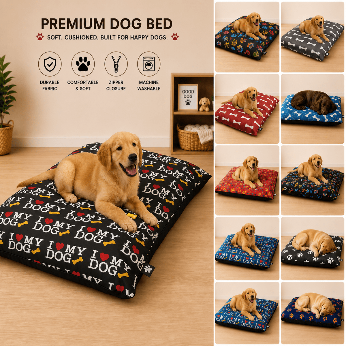 Dog Bed with Machine-Washable, Cotton, 95cm x 65cm - Love my Dog, 95cm x 65cm option