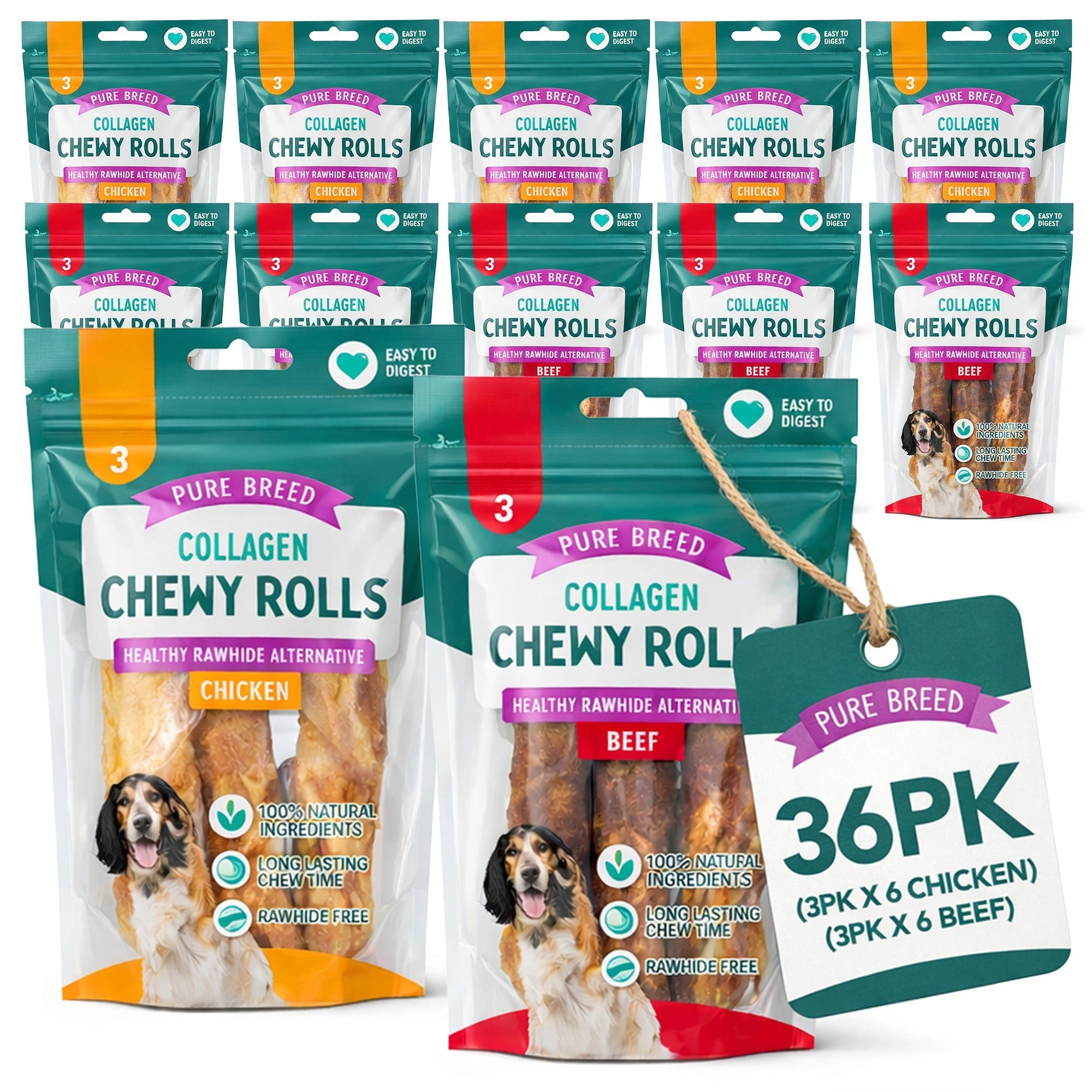 Dog Chew with 36 Pack, 36pk, Collagen Chews Rawhide Free Long Lasting