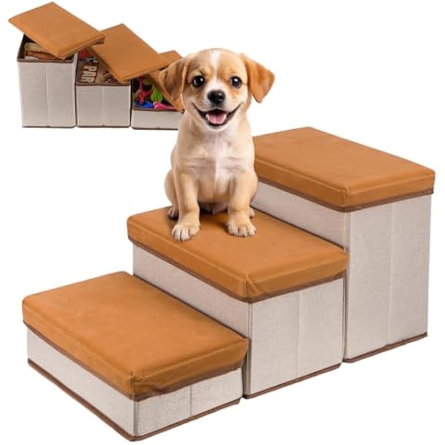 Dog Stair with Foldable, 3, Foldable Stairs Tier Storage Compartments - Brown, 3 option