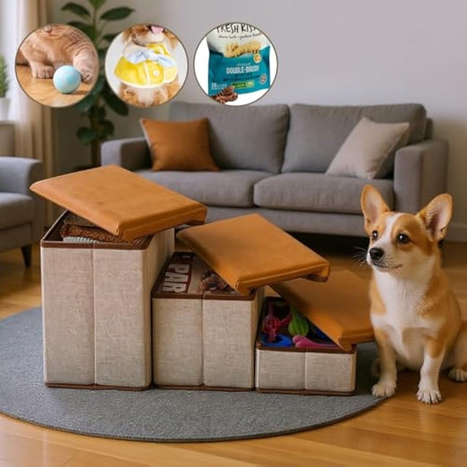 Dog Stair with Foldable, 3, Foldable Stairs Tier Storage Compartments - product gallery image 2