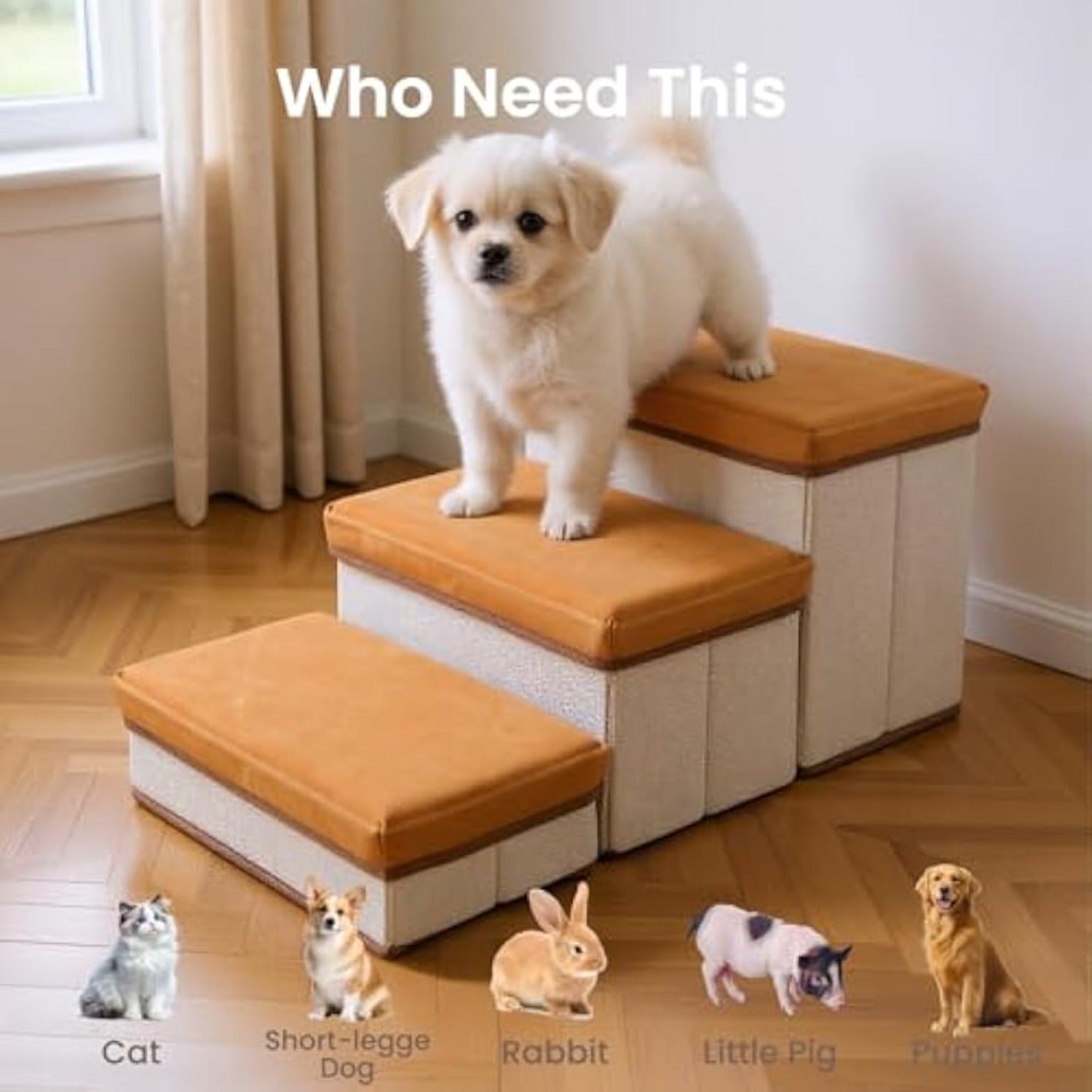 Dog Stair with Foldable, 3, Foldable Stairs Tier Storage Compartments - product gallery image 4